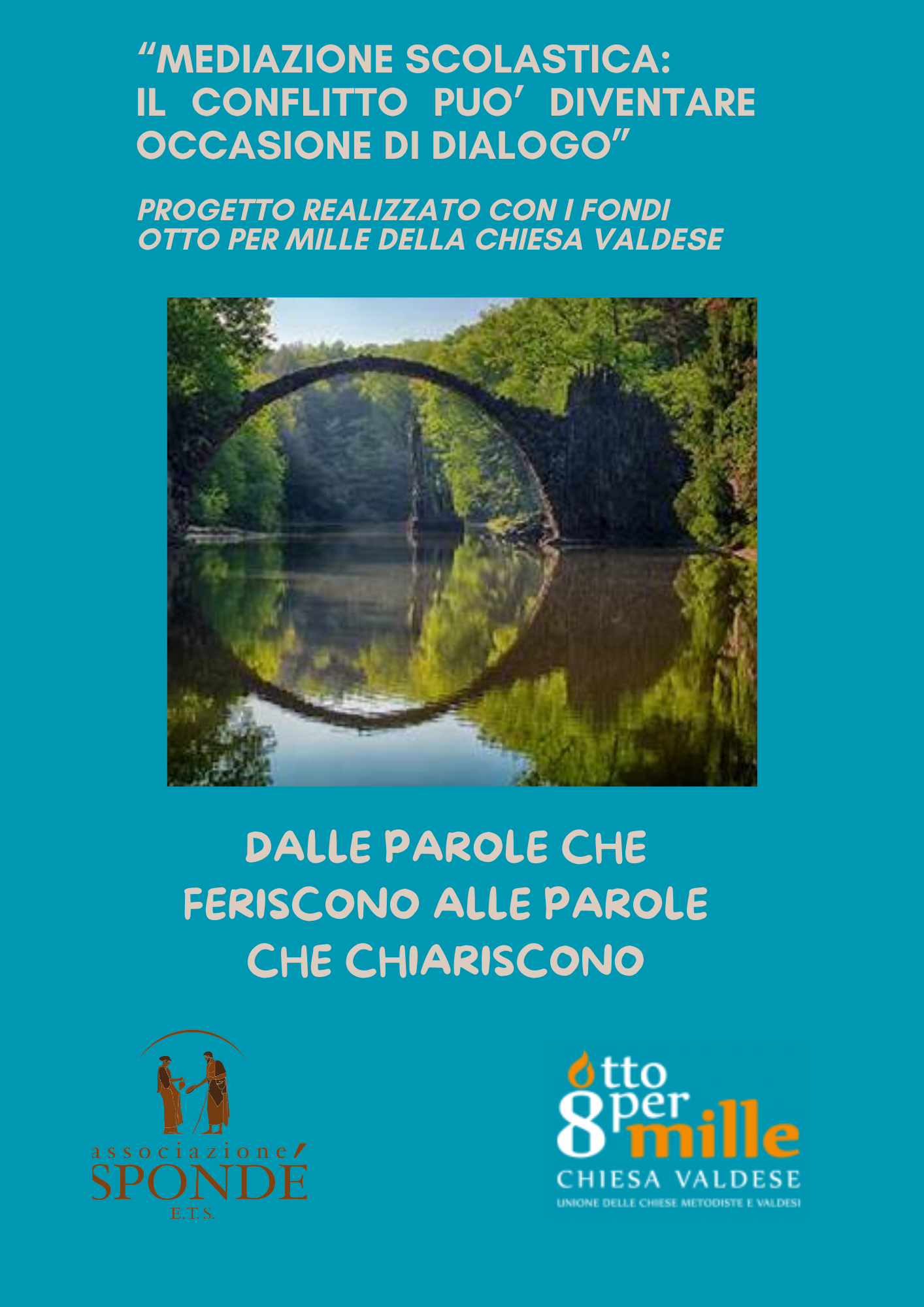Locandina del progetto di mediazione scolastica di Associazione Spondé con messaggio sul dialogo e gestione del conflitto