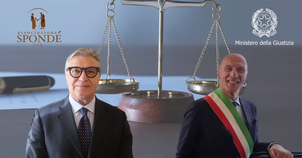 Grafica con bilancia e due figure istituzionali